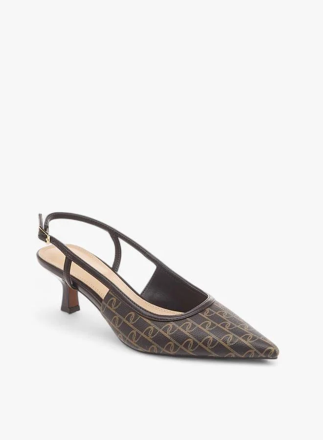 Women's Monogram Print Slingback Shoes with Kitten Heels and Buckle Closure