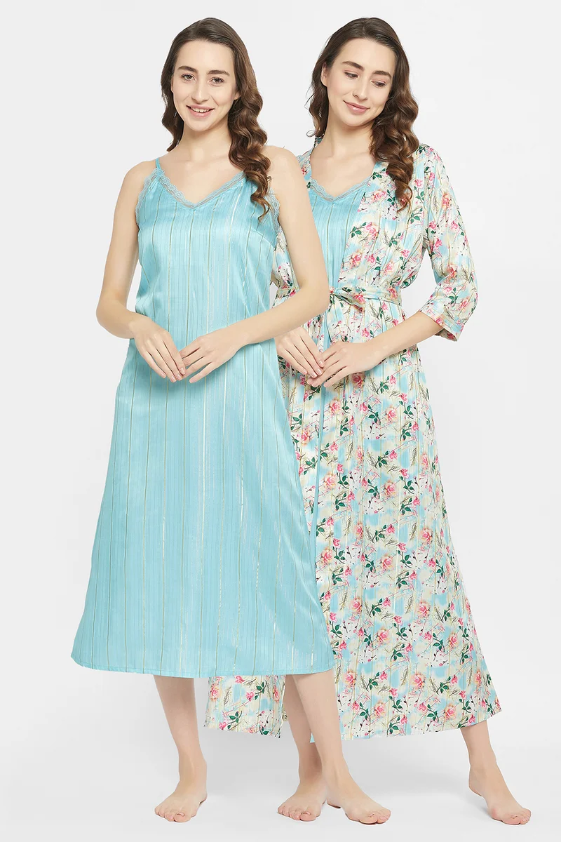 Clovia Clovia Chic Basic Long Night Dress & Pretty Florals Robe in Sky Blue - Satin