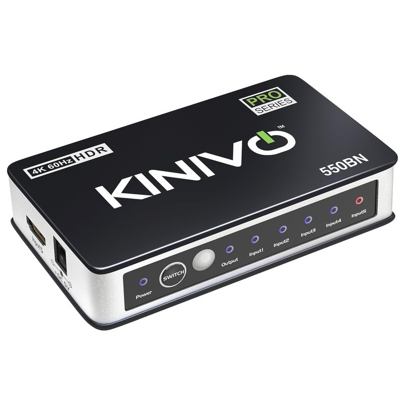 Kinivo HDMI Switch 4K HDR 550BN (5 in 1 Out, 4K 60Hz HDR, HDMI 2.0, High Speed 18Gbps, IR Remote, HDCP) - Compatible with Roku, PS5, Xbox, Apple TV, Nintendo Switch, Cable Box - Image 1