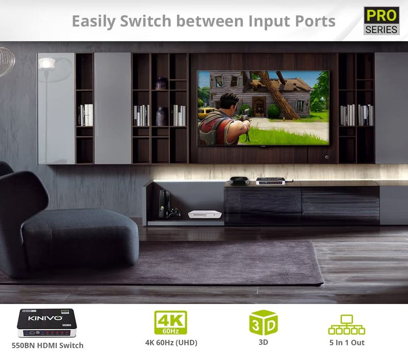 Kinivo HDMI Switch 4K HDR 550BN (5 in 1 Out, 4K 60Hz HDR, HDMI 2.0, High Speed 18Gbps, IR Remote, HDCP) - Compatible with Roku, PS5, Xbox, Apple TV, Nintendo Switch, Cable Box - Image 4