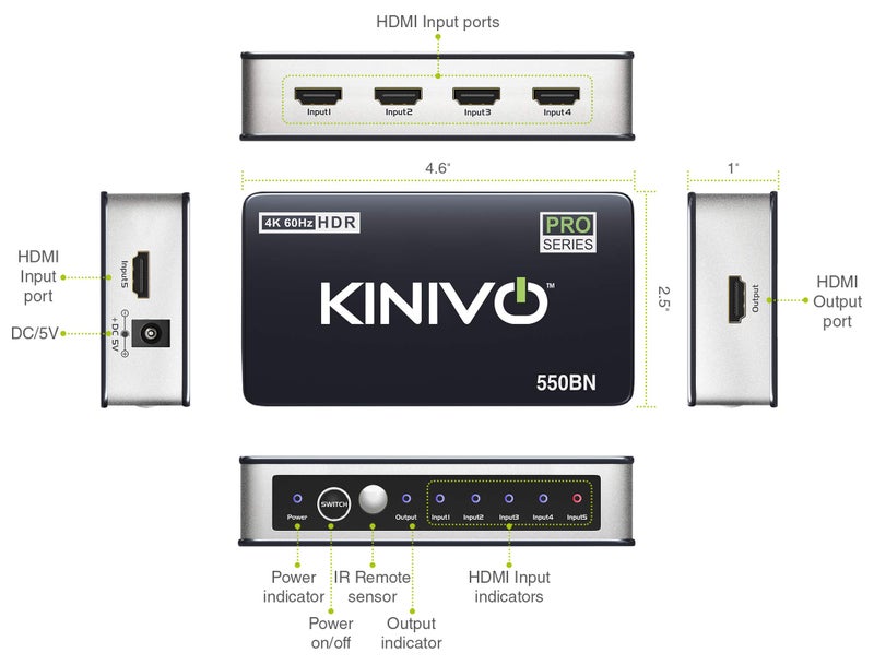 Kinivo HDMI Switch 4K HDR 550BN (5 in 1 Out, 4K 60Hz HDR, HDMI 2.0, High Speed 18Gbps, IR Remote, HDCP) - Compatible with Roku, PS5, Xbox, Apple TV, Nintendo Switch, Cable Box - Image 5