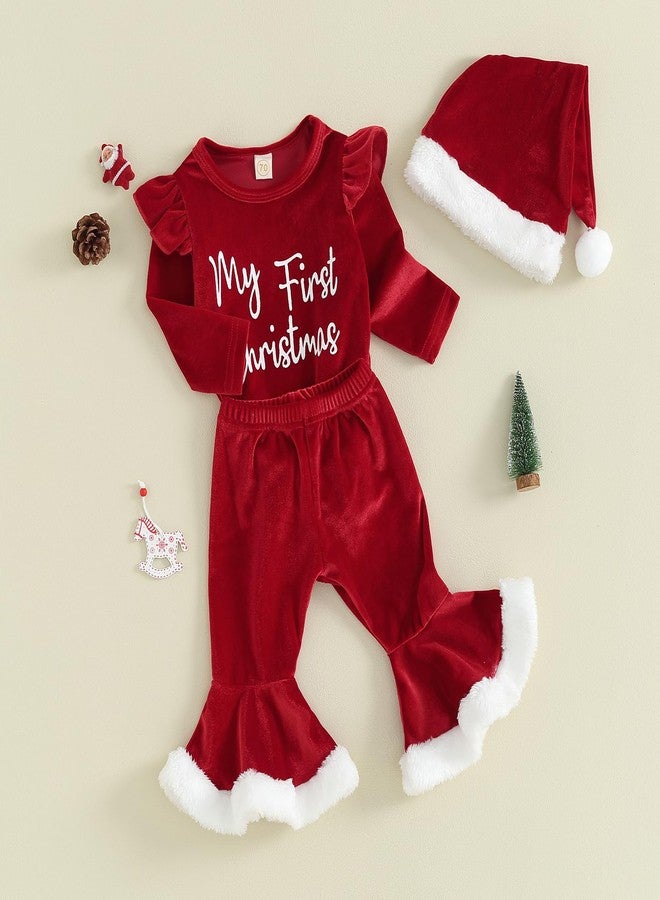Amnnchya Baby Girl Christmas Outfit Santa First Fly Sleeve Romper Red Velvet Bell Bottoms Newborn Christmas Clothes (Red Rompers Pants,6-12 Months) - Image 2