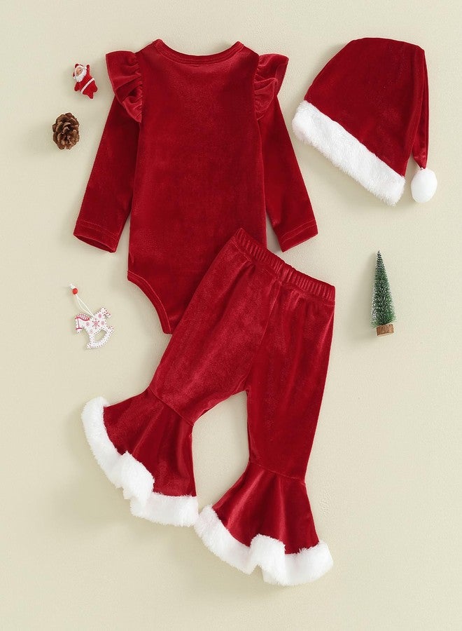Amnnchya Baby Girl Christmas Outfit Santa First Fly Sleeve Romper Red Velvet Bell Bottoms Newborn Christmas Clothes (Red Rompers Pants,6-12 Months) - Image 3