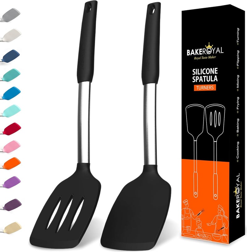BAKEROYAL Silicone Spatula Set - Turner Spatulas Silicone Heat Resistant 600°F - Slotted & Solid Spatula for Cooking Fish, Eggs, Pancakes Flipper – Spatulas for kitchen use – Black - Image 1
