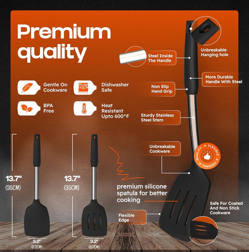 BAKEROYAL Silicone Spatula Set - Turner Spatulas Silicone Heat Resistant 600°F - Slotted & Solid Spatula for Cooking Fish, Eggs, Pancakes Flipper – Spatulas for kitchen use – Black - Image 2