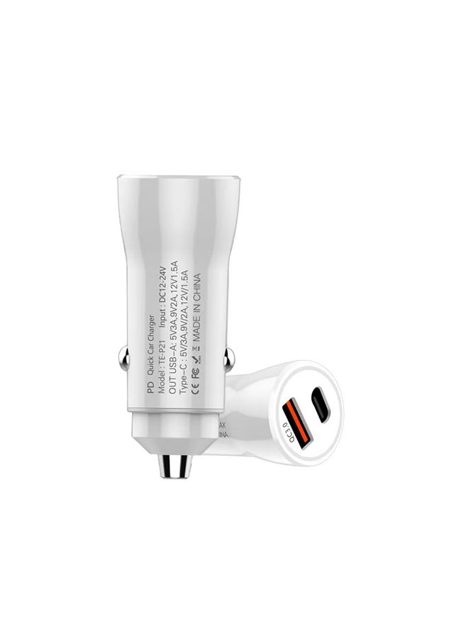 بيوينتي P21 PD 20W USB-C / Type-C + QC3.0 18W USB Fast Car Charger with USB-C / Type-C to 8 Pin Data Cable Set(White) - Image 2