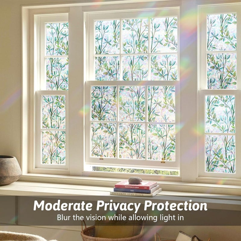 Kromapolis Window Privacy Film 3D Decorative Window Film, Rainbow Green Leaves Glass Sticker, Stained Glass Window Decals Anti UV Heat Control for Home Decor, Non-Adhesive 17.5 x 78.7 inches - Image 3