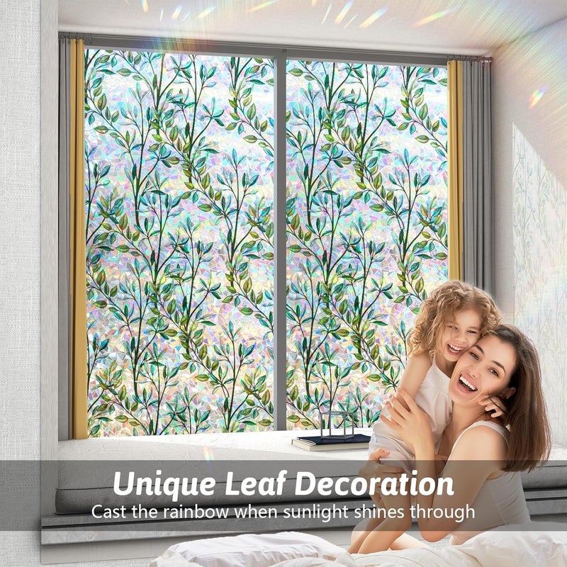 Kromapolis Window Privacy Film 3D Decorative Window Film, Rainbow Green Leaves Glass Sticker, Stained Glass Window Decals Anti UV Heat Control for Home Decor, Non-Adhesive 17.5 x 78.7 inches - Image 2