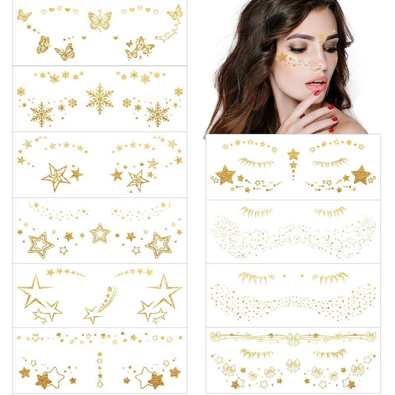 VIWIEU Glitter Face Tattoos Temporary for Women and Girls 10 Sheets, Metallic Gold Eye Makeup Star Freckle Stickers for Fairy, Princess, Halloween Costume, Christmas, NYE Festival Party Favors