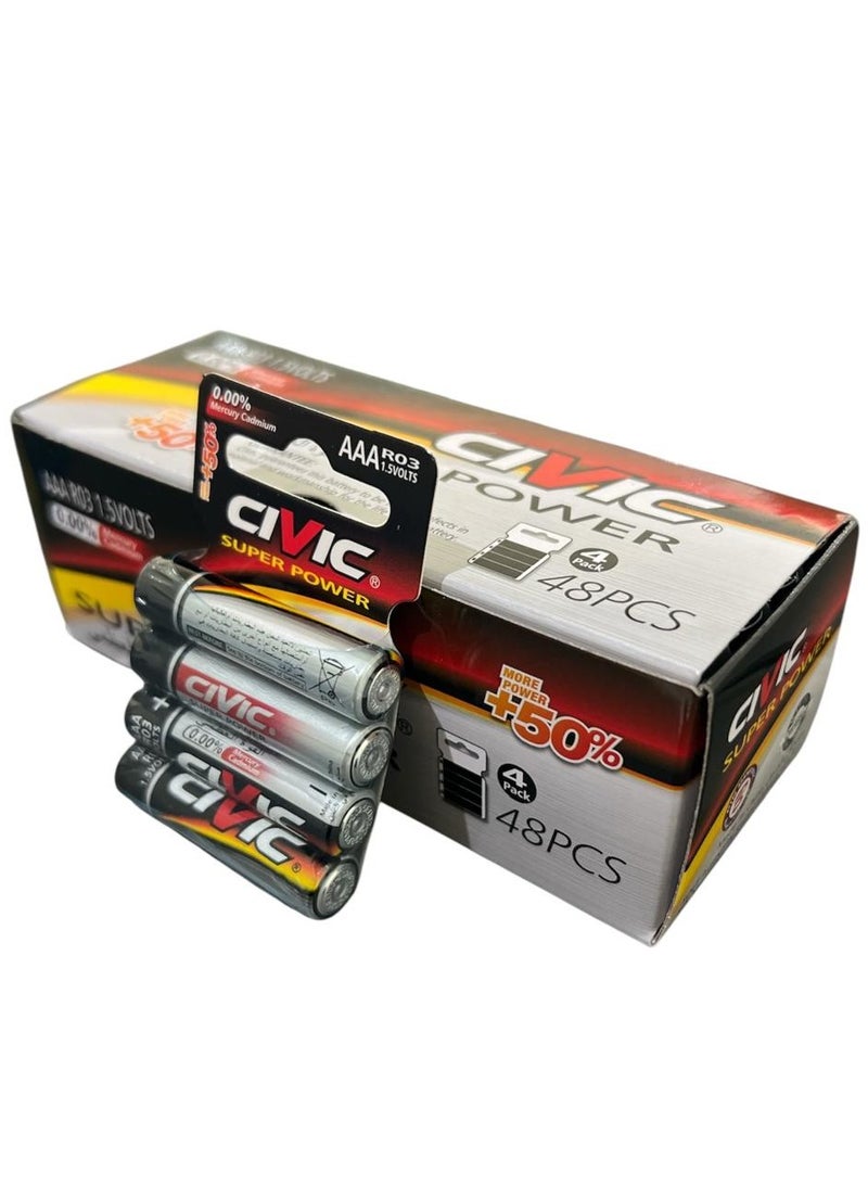 سيفيك عدد 48 بطارية AAA من سيفيك سوبر باور (4×12)، R03، 1.5 فولت، طاقة أكثر بنسبة 50٪، معتمدة ISO 9001:2000، أداء طويل الأمد - Image 1