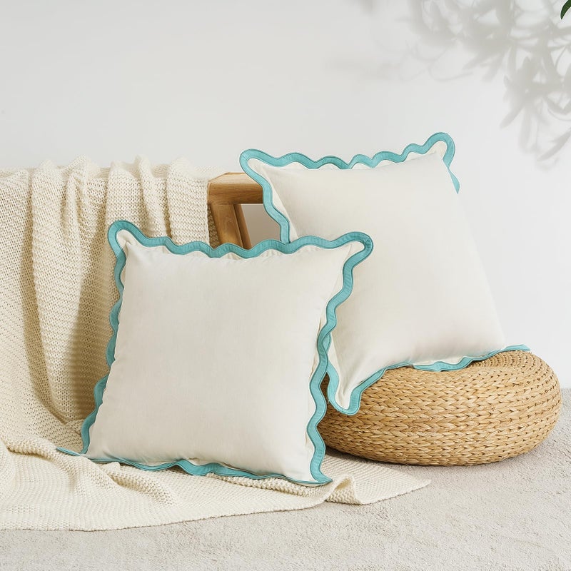 MONDAY MOOSE Decorative Throw Pillow Covers Cushion Cases, Set of 2 Soft Velvet Scalloped Wavy Edge Designs, Mix and Match for Home Decor, Pillow Inserts Not Included (18x18 inch, White/Light Blue) - Image 2