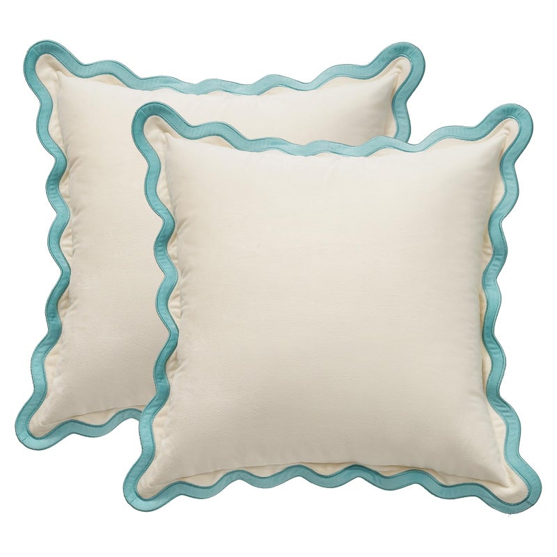 MONDAY MOOSE Decorative Throw Pillow Covers Cushion Cases, Set of 2 Soft Velvet Scalloped Wavy Edge Designs, Mix and Match for Home Decor, Pillow Inserts Not Included (18x18 inch, White/Light Blue) - Image 1