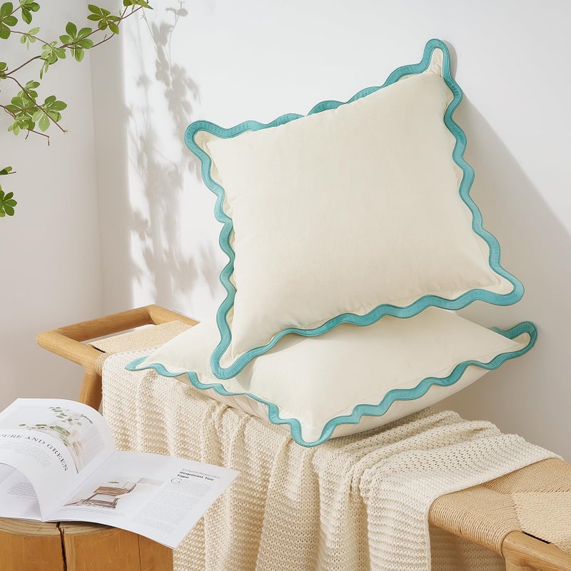 MONDAY MOOSE Decorative Throw Pillow Covers Cushion Cases, Set of 2 Soft Velvet Scalloped Wavy Edge Designs, Mix and Match for Home Decor, Pillow Inserts Not Included (18x18 inch, White/Light Blue) - Image 3