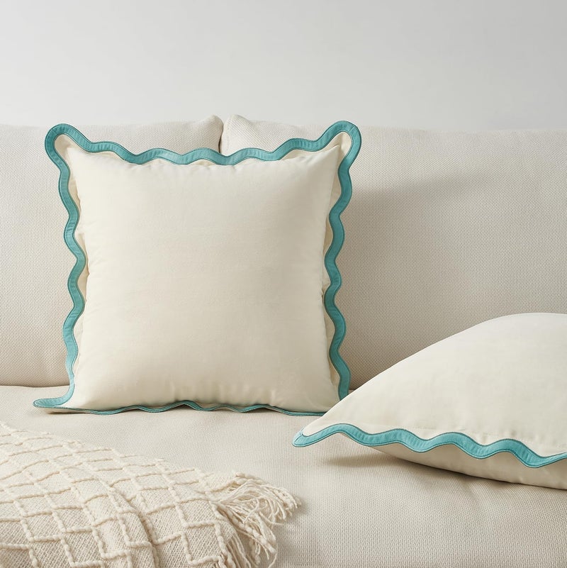MONDAY MOOSE Decorative Throw Pillow Covers Cushion Cases, Set of 2 Soft Velvet Scalloped Wavy Edge Designs, Mix and Match for Home Decor, Pillow Inserts Not Included (18x18 inch, White/Light Blue) - Image 4