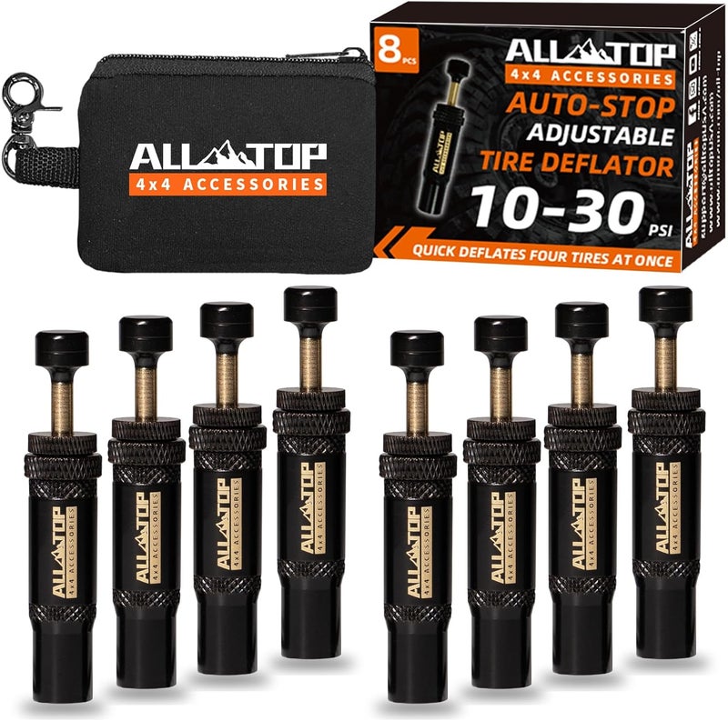 ALL-TOP Adjustable Auto-Stop Tire Deflator Valve Kit (10-30 PSI) 8 PCS Screw-on Tyre Air Down Tool for Offroad 4x4 (with 5 Valve caps) Moisture proof - Image 1