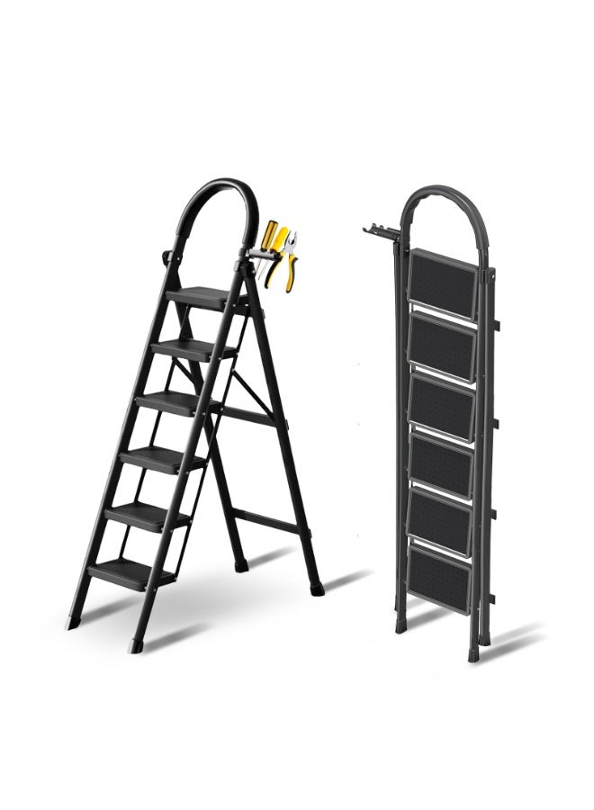 سلم درج قابل للطي مع حامل أدوات، هيكل حديد قوي، درجات عريضة مانعة للانزلاق، قواعد مطاطية لحماية الأرضية، خفيف وسهل التخزين للاستخدام المنزلي داخل/خارج المنزل، يتحمل 110 كجم