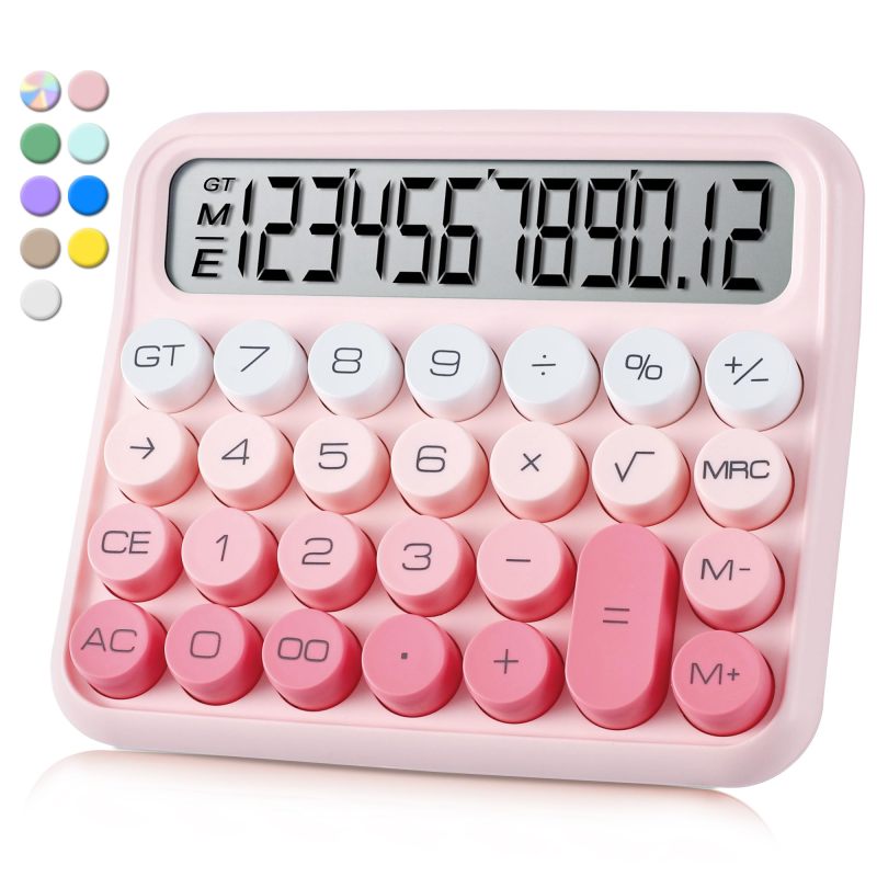 Mechanical Switch Calculator: 12-Digit Large LCD Display, Fast Accurate Key Presses - Vintage Typewriter-Style Round Pink Keys, Ergonomic Structure for Home Office School - Image 1