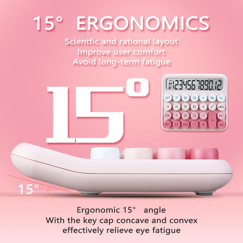 Mechanical Switch Calculator: 12-Digit Large LCD Display, Fast Accurate Key Presses - Vintage Typewriter-Style Round Pink Keys, Ergonomic Structure for Home Office School - Image 3