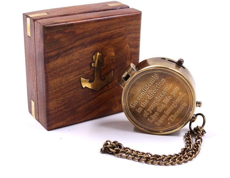 OCEAN REPLICAS Vintage Brass Compass with Engraved Quote – “Go Confidently in The Direction of Your Dreams” – Nautical Compass with Chain & Rosewood Box – Graduation, Retirement Gift for Him or Her - Image 1