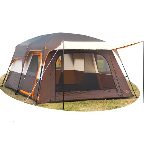 KTT Extra Large Tent 12 Person,Family Cabin Tents,2 Rooms,3 Doors and 3 Windows with Mesh,Straight Wall,Waterproof,Double Layer,Big Tents for Outdoor,Picnic,Camping,Family Gathering(Brown) - Image 1
