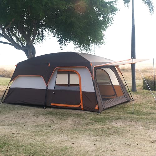 KTT Extra Large Tent 12 Person,Family Cabin Tents,2 Rooms,3 Doors and 3 Windows with Mesh,Straight Wall,Waterproof,Double Layer,Big Tents for Outdoor,Picnic,Camping,Family Gathering(Brown) - Image 3