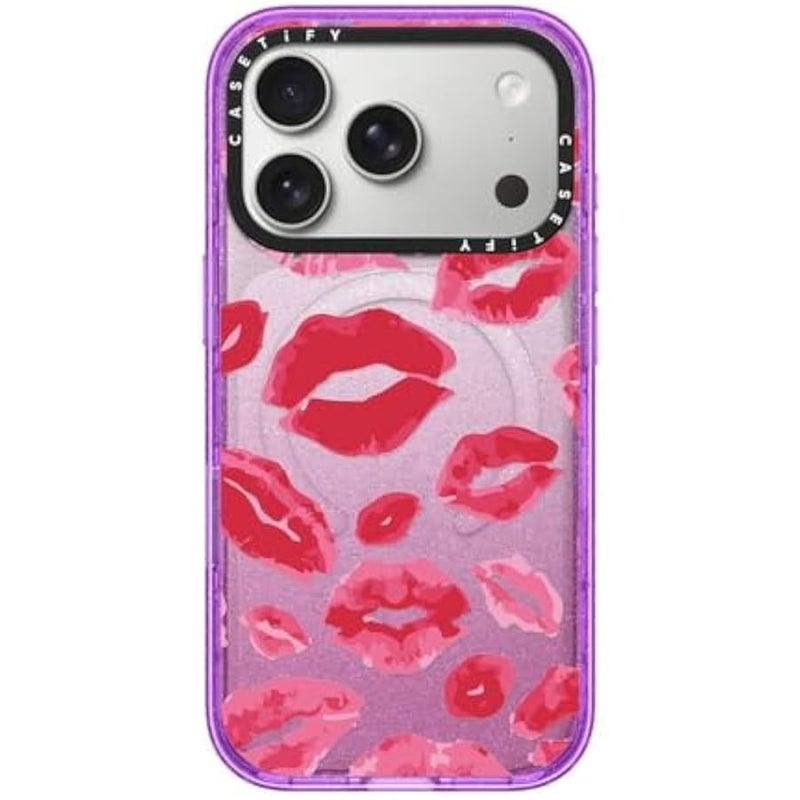 Casetify Impact iPhone 17 Pro Case 【Slim/Compatible with Magsafe / 8.2 ft. 4X Military Grade Drop Protection】 - Lipstick Kisses - Glitter Purple - Image 1