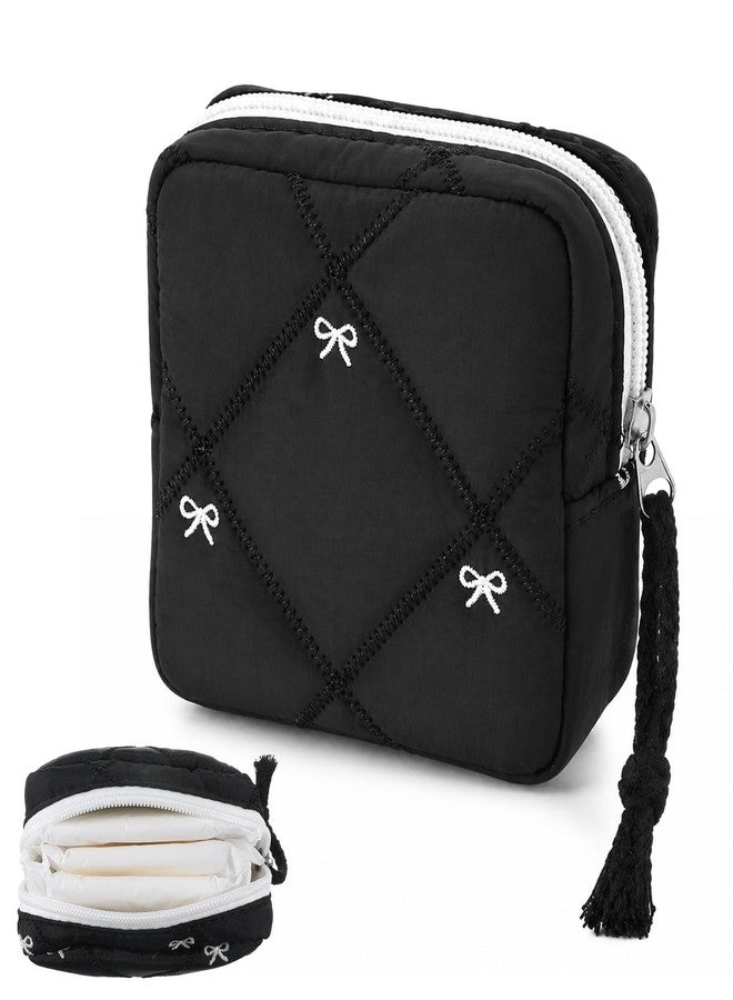 Grevosea Period Bag for Teen Girls, Cute Bow Period Pouch Sanitary Pad Pouch Storage Bag Tampon Holder for Purse Teen Period Kit Gifts (Black - Image 1