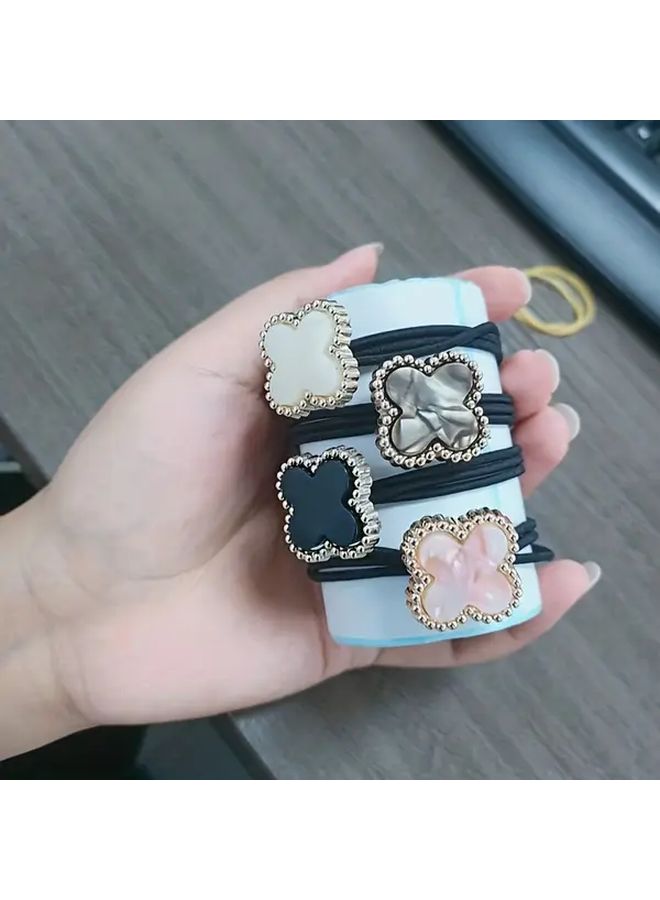 4Pcs Floral Hair Ties Non Damaging Hair Bands In Black White Pink Coffee Colors - Image 5