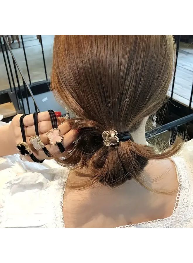 4Pcs Floral Hair Ties Non Damaging Hair Bands In Black White Pink Coffee Colors - Image 2