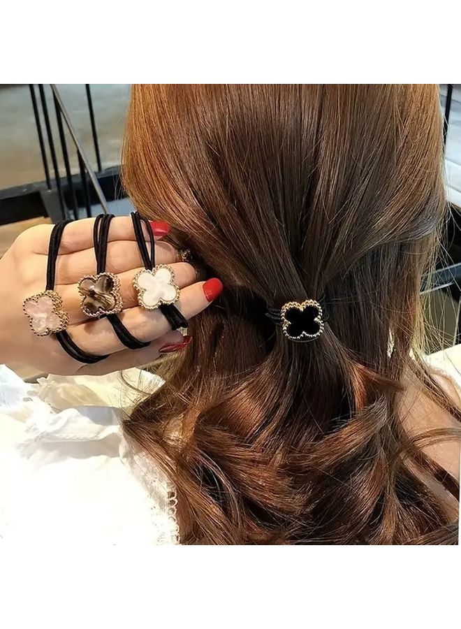4Pcs Floral Hair Ties Non Damaging Hair Bands In Black White Pink Coffee Colors - Image 1