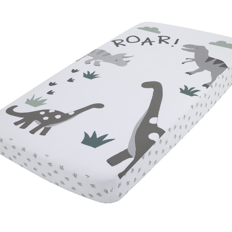 NoJo BabySaurus Photo Op Roar White Gray Green Dinosaur with Clouds Nursery Fitted Crib Sheet Grey White Green