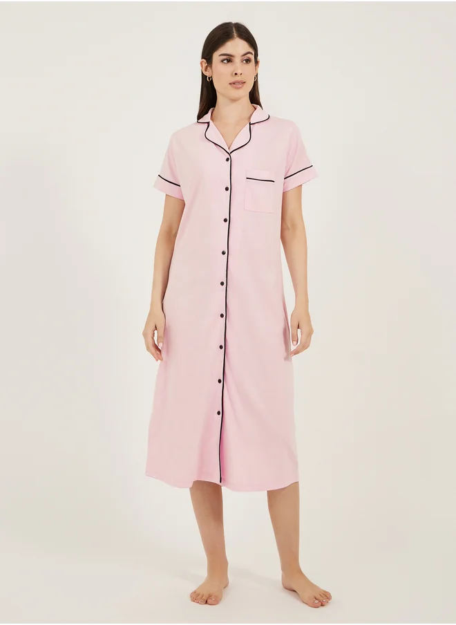 Styli Contrast Piping Buttoned Night Shirt with Pocket