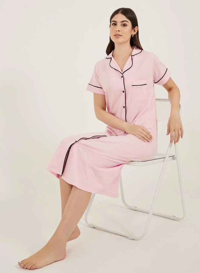 Styli Styli Contrast Piping Buttoned Night Shirt with Pocket