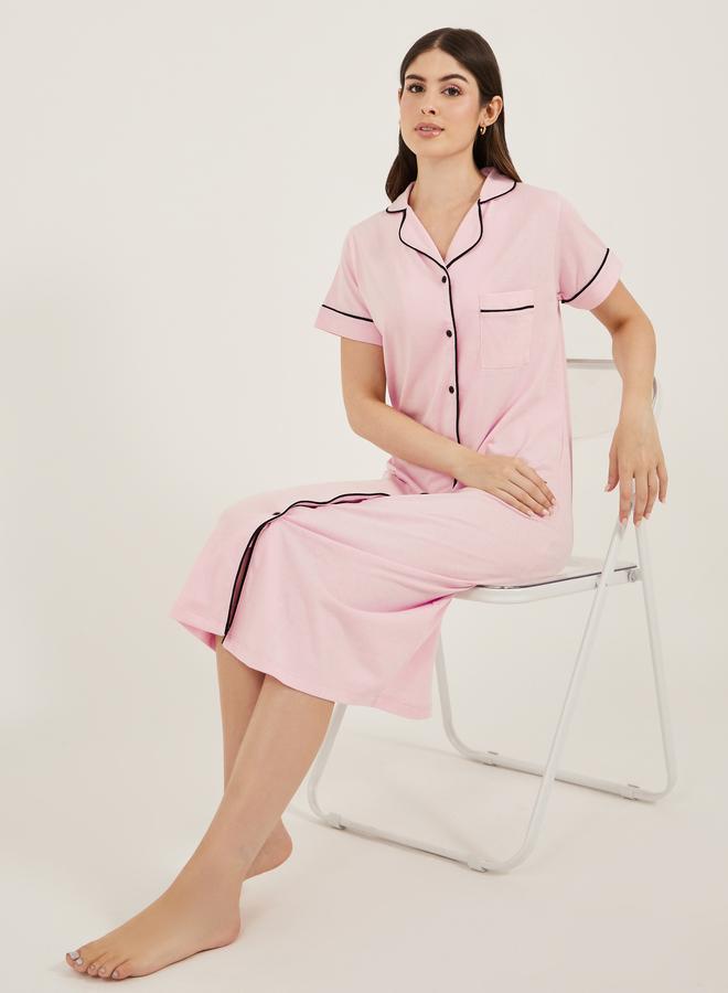 Styli Styli Contrast Piping Buttoned Night Shirt with Pocket  - Image 1