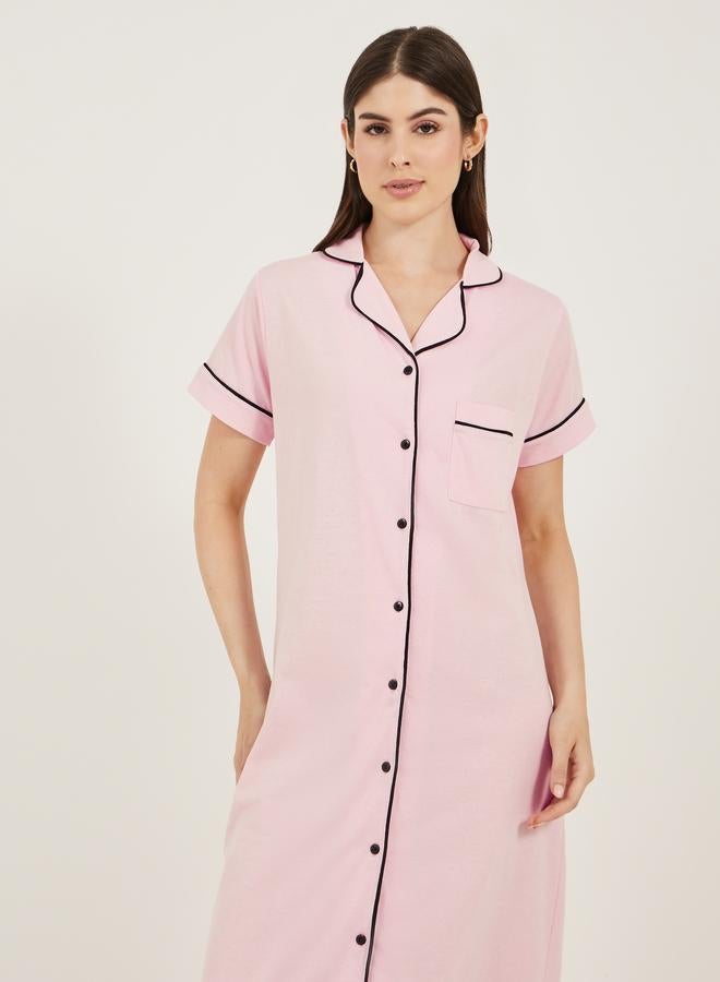 Styli Styli Contrast Piping Buttoned Night Shirt with Pocket  - Image 3