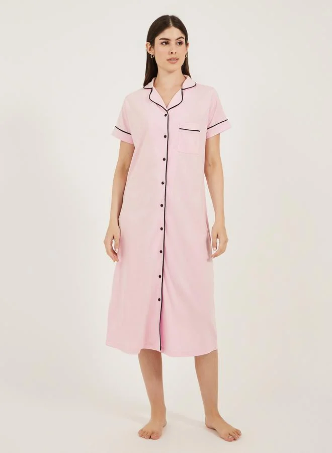 Styli Styli Contrast Piping Buttoned Night Shirt with Pocket
