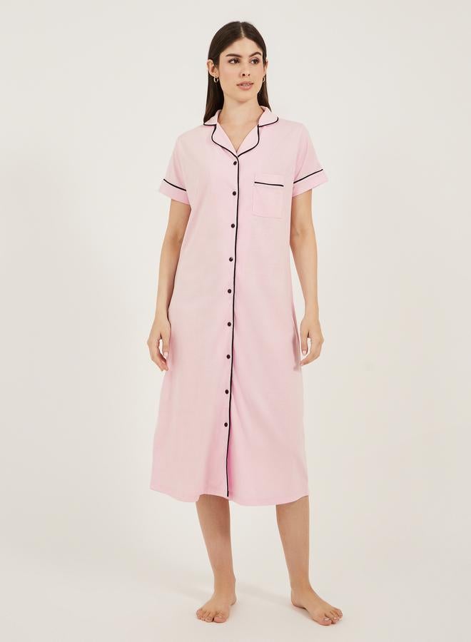 Styli Styli Contrast Piping Buttoned Night Shirt with Pocket  - Image 2