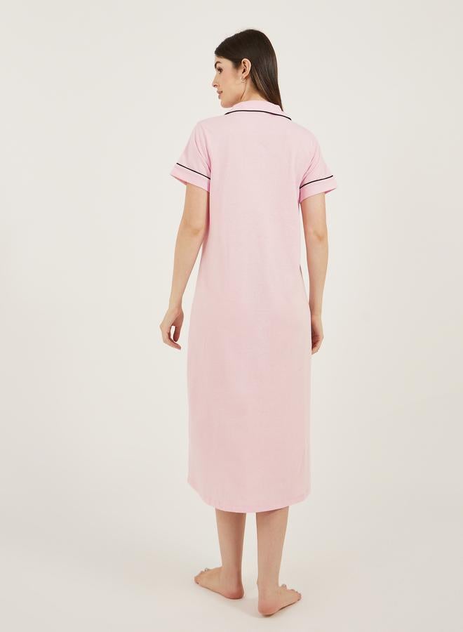 Styli Styli Contrast Piping Buttoned Night Shirt with Pocket  - Image 5