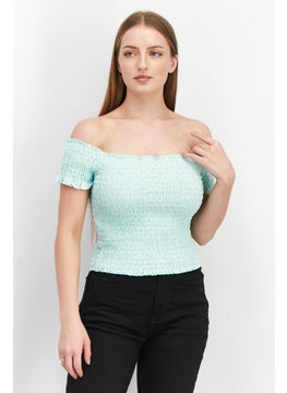 BB Dakota by Steve Madden Women Off Shoulder Short Sleeve Textured Crop Top, Turquoise  - Image 1