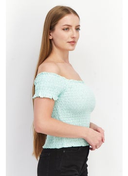 BB Dakota by Steve Madden Women Off Shoulder Short Sleeve Textured Crop Top, Turquoise  - Image 3