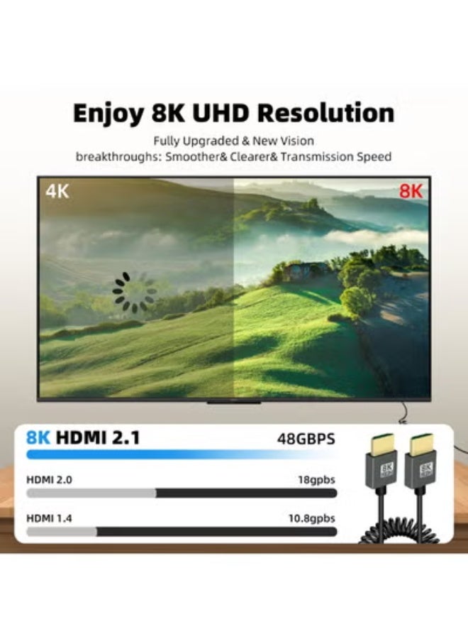 8K Short HDMI to HDMI Coiled Cable, 48Gbps High Speed Male to Male 8K HDMI 2.1 Supports HDR, 8K@60Hz, 4K@120Hz, Compatible with Camera, Camcorder, PC, Monitor(1M) - Image 5