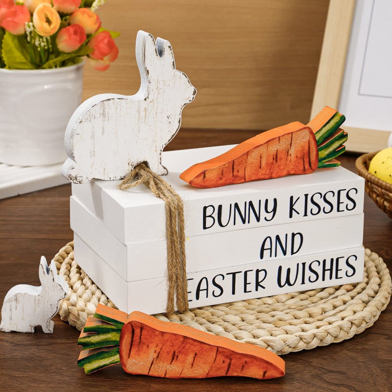 Whaline Easter Wooden Tiered Tray Decor Easter Bunny Faux Decorative Stacked Books Bundle Vintage White Black Wooden Block Sign with Easter Bunny Carrot Cutout for Easter Kitchen Home Table Decor