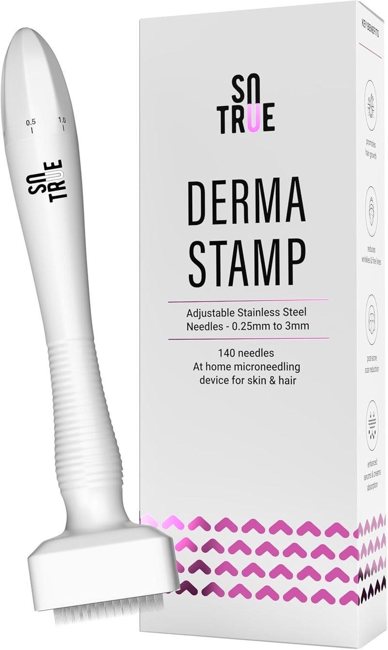 Sotrue Derma Stamp for Hair Growth | Stainless Steel Coated Adjustable Needles 0.25mm to 3mm | 140 Microneedling Stamp for Skin Repair, Face, Hair & Beard Growth | Reduces Acne Scars | Safe & - Image 1