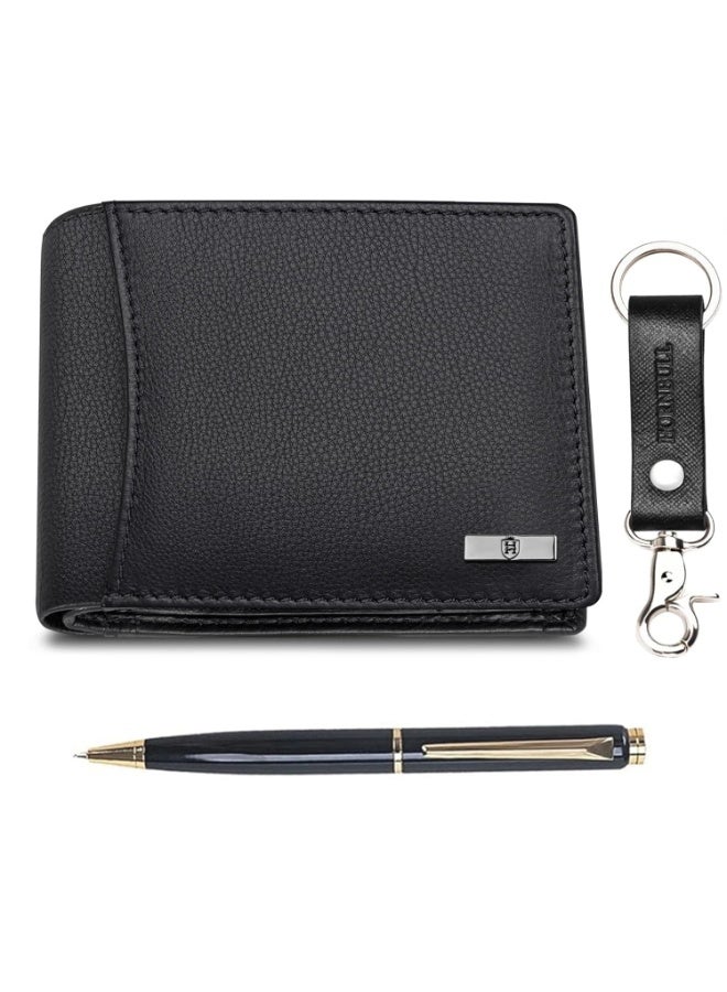 HORNBULL Mens Leather Wallet, Keyring & Pen Combo Gift Set for Men | Valentine's Day Branded Gift Hamper for Men - Image 1