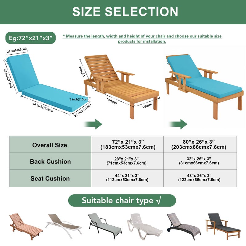 Summsun Chaise Lounge Cushions Outdoor Set of 2 - Waterproof and Fade Resistant Sun Lounger Replacement Cushions - Patio Lounger Pads with Removable Cover for Pool, Deck, Lawn, 80 x 26 x 3 Inch, Teal - Image 3