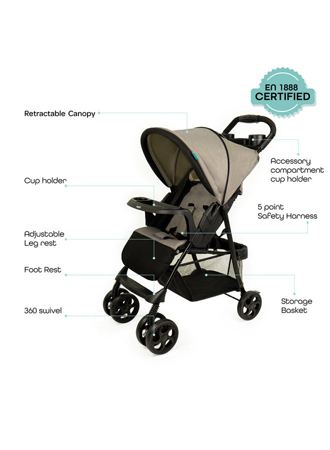 Moon Metro Urban Baby Stroller – One-Hand Fold, Safety Lock, Dual Tray, Adjustable Leg Rest, Multi-Recline, Lightweight And Compact, Suitable 0m+ to 18kg – Grey - Image 2
