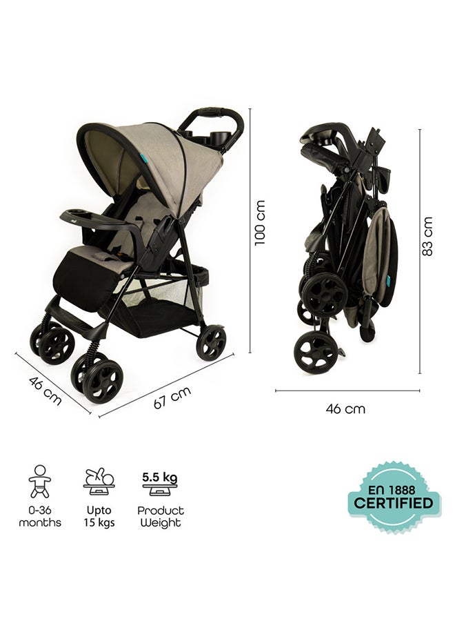 Moon Metro Urban Baby Stroller – One-Hand Fold, Safety Lock, Dual Tray, Adjustable Leg Rest, Multi-Recline, Lightweight And Compact, Suitable 0m+ to 18kg – Grey - Image 3