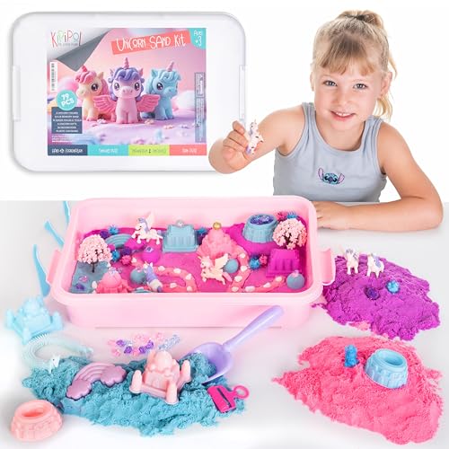 Kipipol Unicorn Sensory Bin for Toddlers 34 57 Magic Sand Art Kit w Sandbox 24 LB of Sensory Sand 10 Sand Toys 4 Unicorn Toys for Girls Age 46 68 Christmas Birthday Gifts for Girls - Image 1