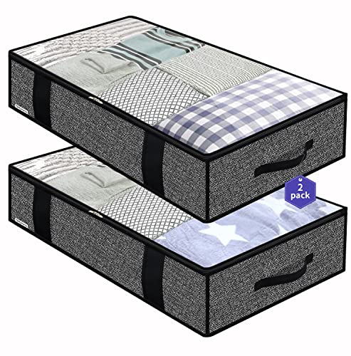Onlyeasy Onlyeasy Foldable Underbed Bags  2 Pack Blankets Clothes Comforters Storage Bag Breathable Zippered Organizer for Bedroom with Clear Window and 4 Handles 100 x50 x15cm LinenLike Black MXAUBBP2 