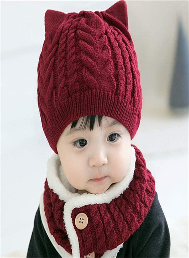V3E Kids Winter Beanie Cat Ear Hat and Circle Scarf Set Thick Warm Ski Knitted Fleece Lined Skull Cap (Maroon)-(Fit for 1 to 4 Years) - Image 2